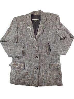 VTG Criscione Womens Medium Wool Blend Black White Gray Blazer Two Button Jacket